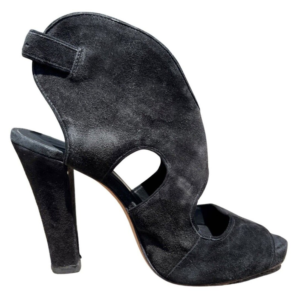 Rebecca Minkoff Demure Toe Suede Bootie High Heel Peep Size 7.5 EU 37.5 Black - Picture 7 of 11